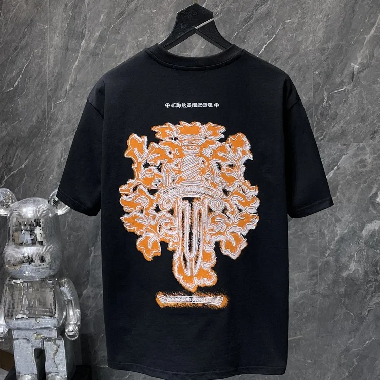 Cross horseshoe patchwork leather and ruffled short-sleeved T-shirt