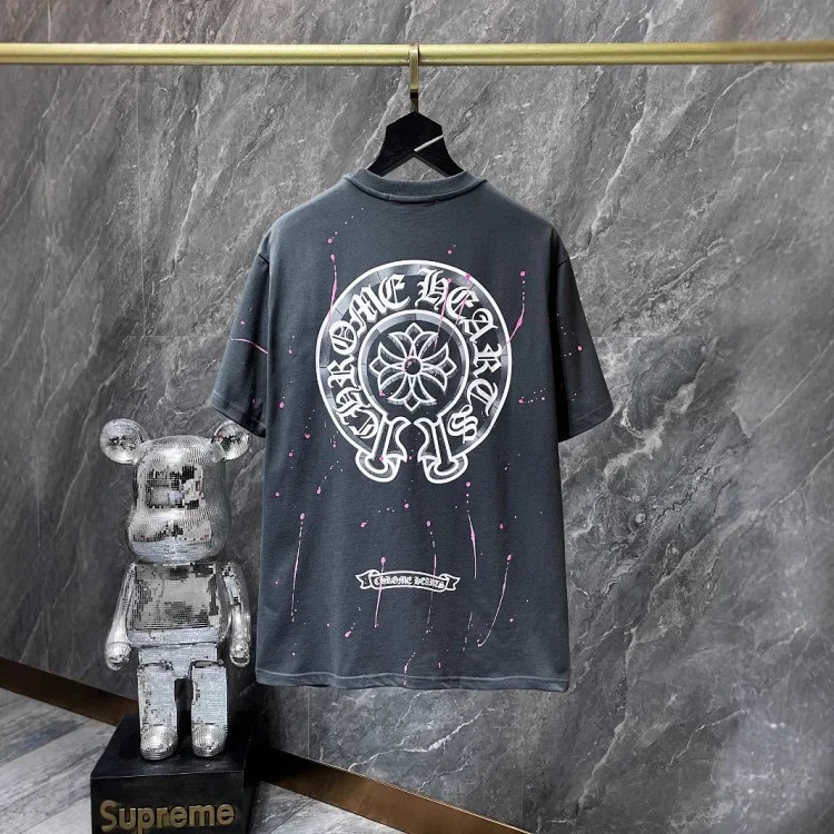 Cross horseshoe patchwork leather and ruffled short-sleeved T-shirt