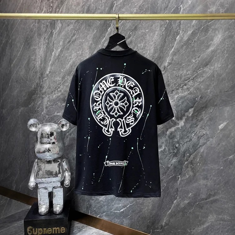 Cross horseshoe patchwork leather and ruffled short-sleeved T-shirt