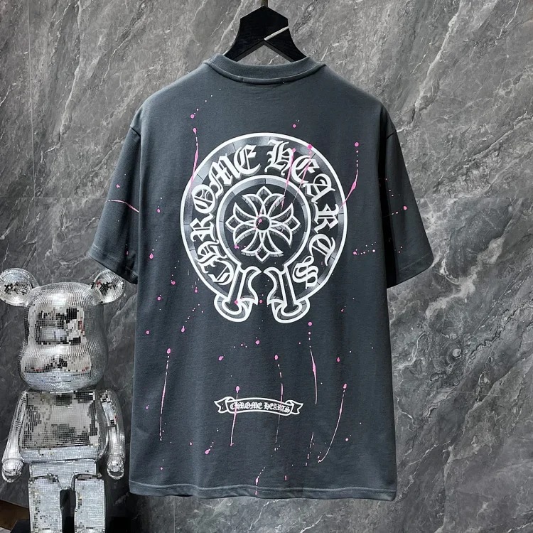Cross horseshoe patchwork leather and ruffled short-sleeved T-shirt