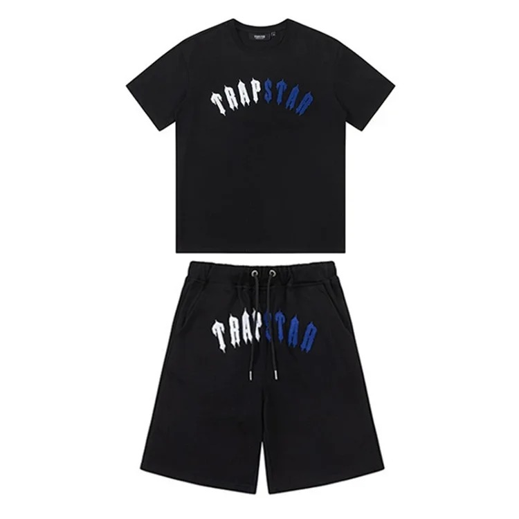 Gradient letters white and blue towel embroidery short-sleeved T-shirt shorts men's couple casual suit ins