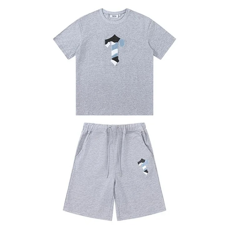 Gradient letters white and blue towel embroidery short-sleeved T-shirt shorts men's couple casual suit ins