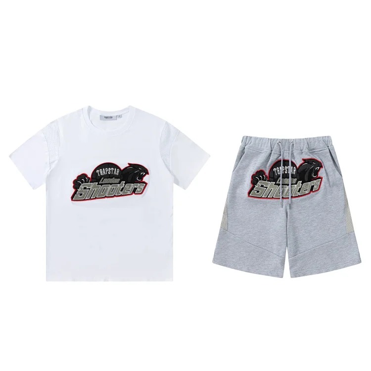 Gradient letters white and blue towel embroidery short-sleeved T-shirt shorts men's couple casual suit ins