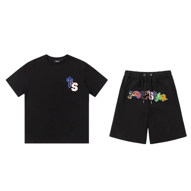 Gradient letters white and blue towel embroidery short-sleeved T-shirt shorts men's couple casual suit ins