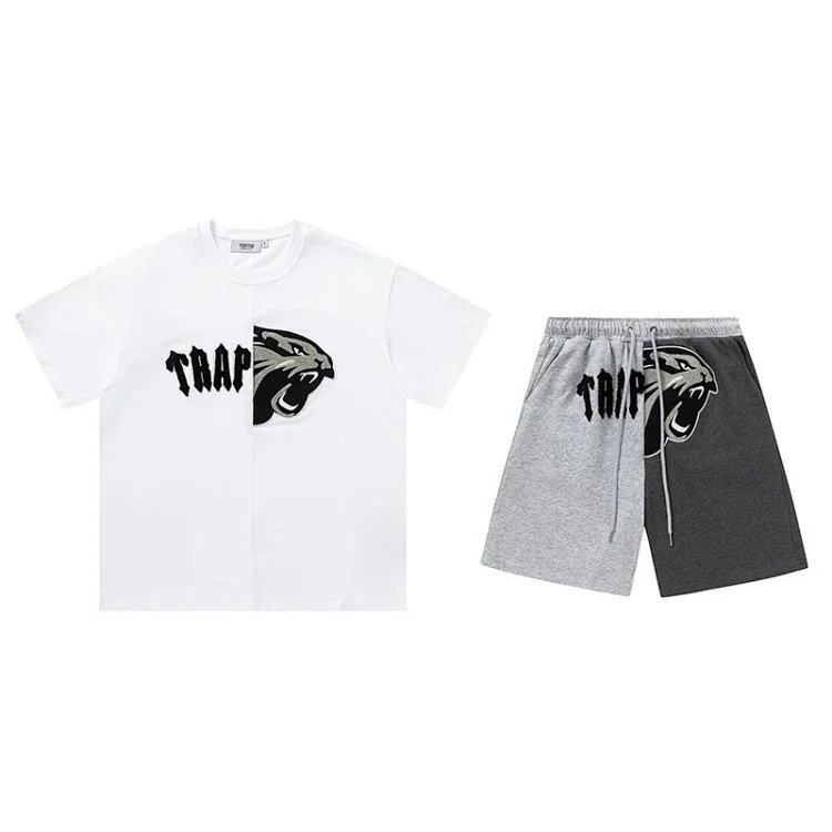 Gradient letters white and blue towel embroidery short-sleeved T-shirt shorts men's couple casual suit ins