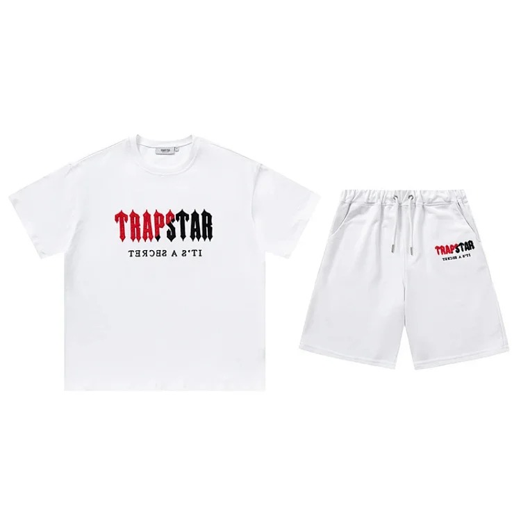 Gradient letters white and blue towel embroidery short-sleeved T-shirt shorts men's couple casual suit ins