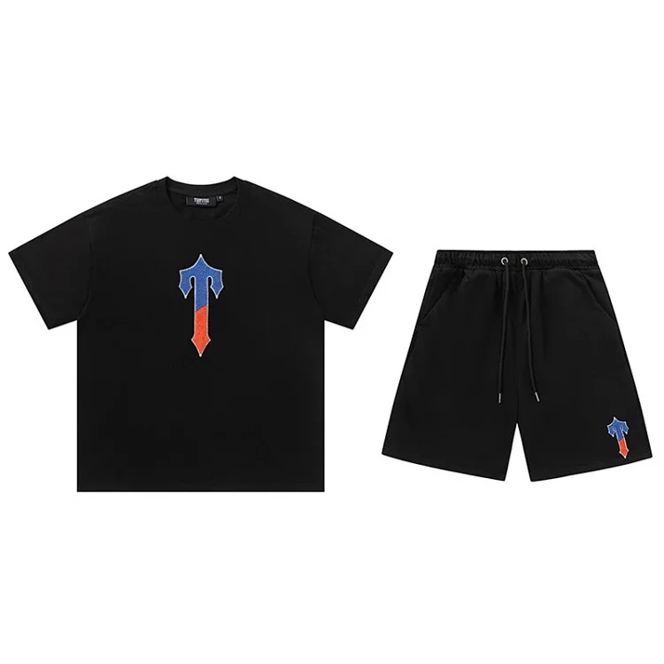 Gradient letters white and blue towel embroidery short-sleeved T-shirt shorts men's couple casual suit ins