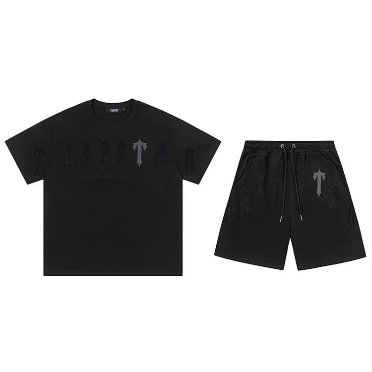 Gradient letters white and blue towel embroidery short-sleeved T-shirt shorts men's couple casual suit ins