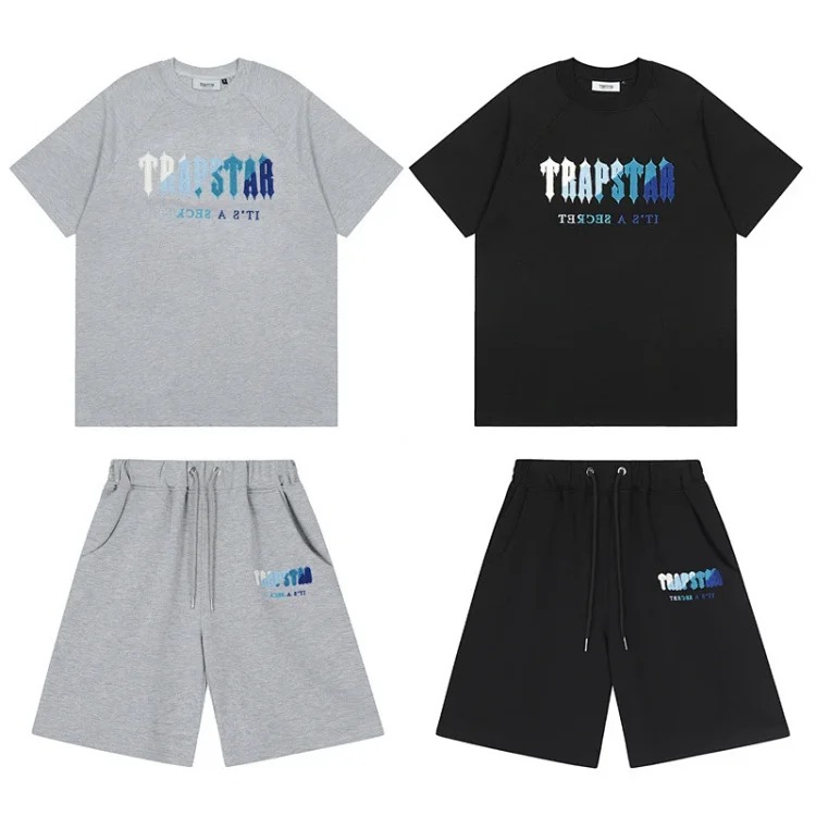 Gradient letters white and blue towel embroidery short-sleeved T-shirt shorts men's couple casual suit ins