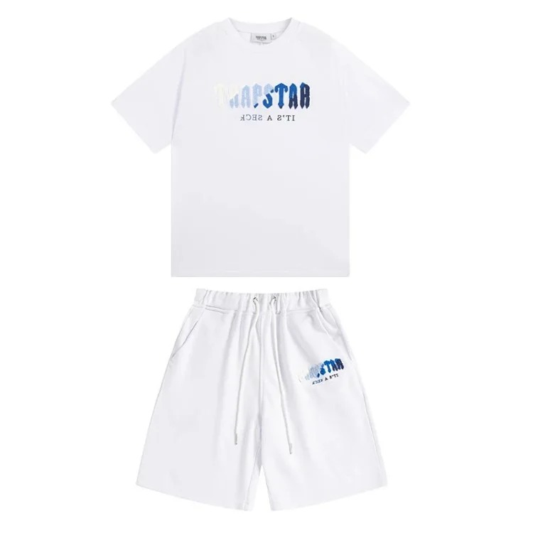 Gradient letters white and blue towel embroidery short-sleeved T-shirt shorts men's couple casual suit ins