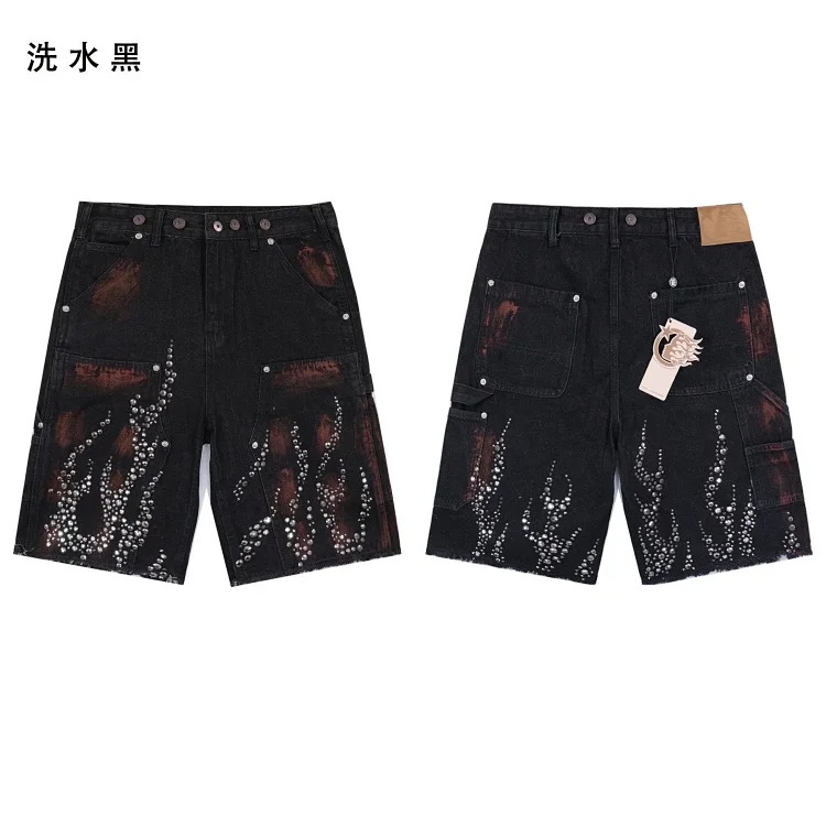 Beautiful trendy hell denim straight-leg five-quarter pants retro casual shorts diamond wash street