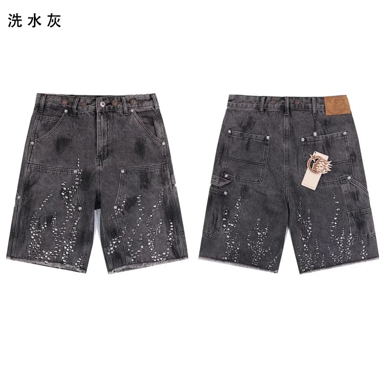 Beautiful trendy hell denim straight-leg five-quarter pants retro casual shorts diamond wash street