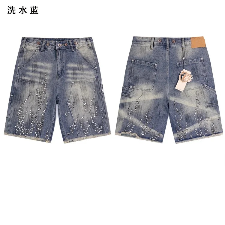 Beautiful trendy hell denim straight-leg five-quarter pants retro casual shorts diamond wash street