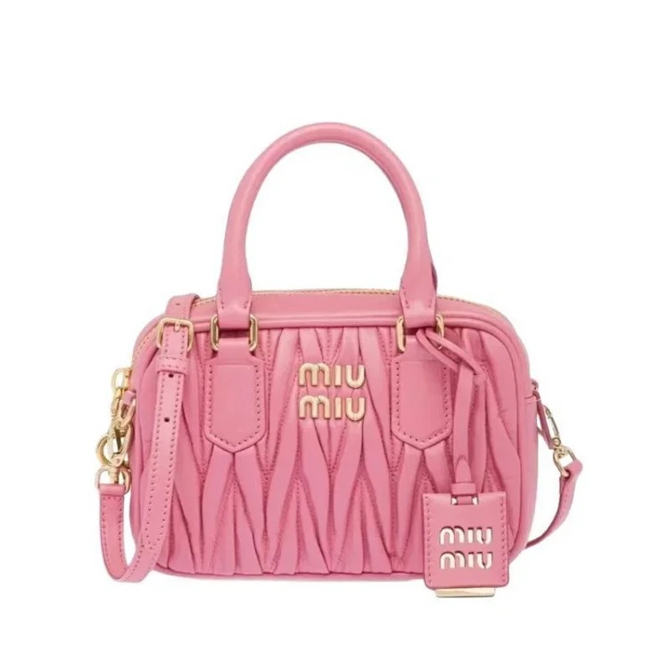 Miu Lambskin Pleated Bowling Ball Boston Daughter's Small Square Bag Versatile One Shoulder Crossbody for Women