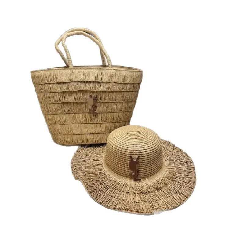 Straw hat straw bag set foldable sun hat outdoor beach bag hat sun hat