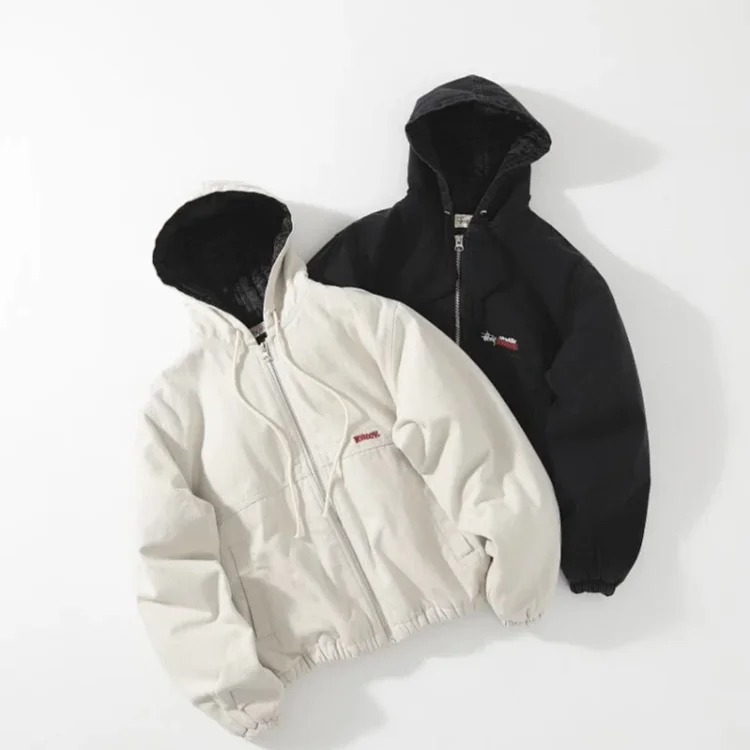 Washed distressed letter embroidered logo jacket zipper cotton jacket couple
