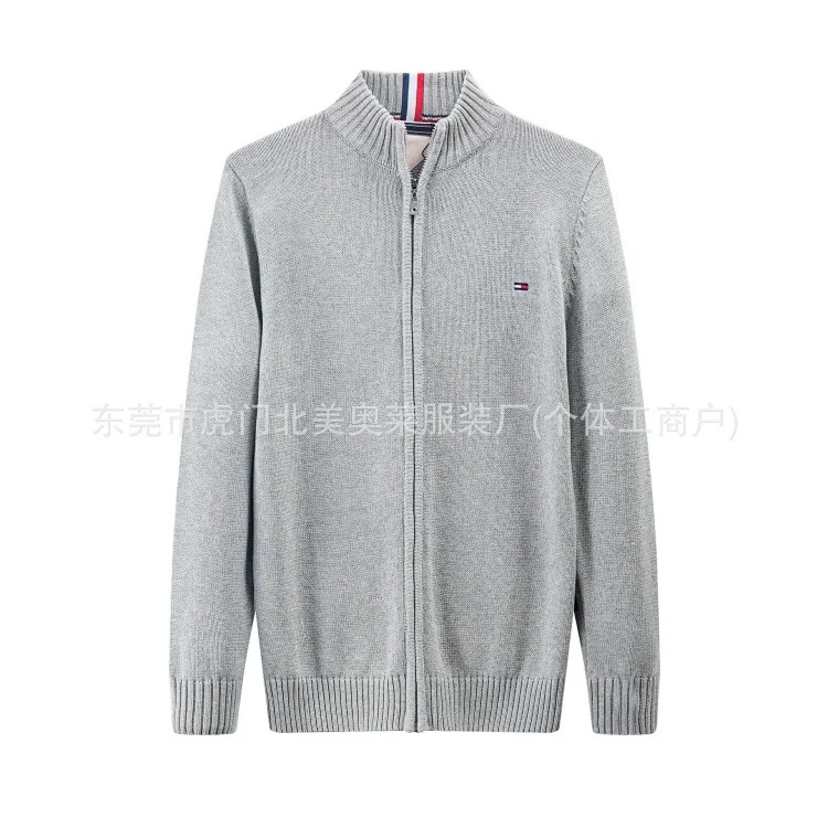 Men's sweater thickened stand collar zipper pullover men's pure cotton embroidered