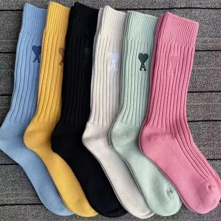 Love solid color Japanese thick line long socks for men and women in autumn and winter mid-calf socks trendy pure cotton pile socks long tube image 11