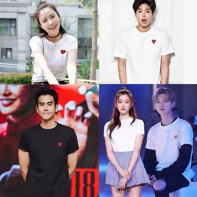 plaLove embroidered short-sleeved pure cotton red heart eyes couple T-shirt