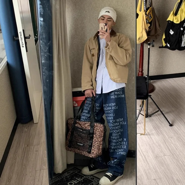 All-over barrage American street retro letter print denim jeans