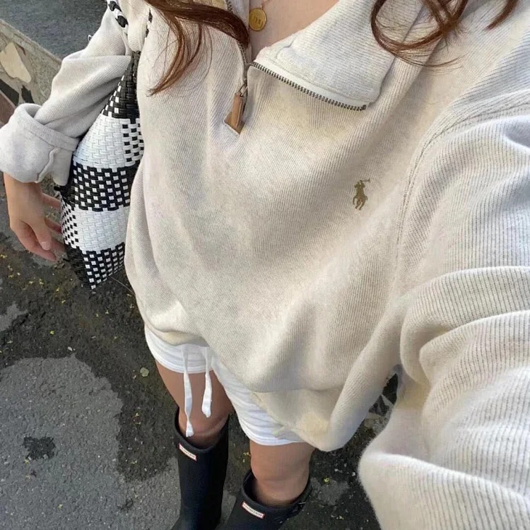 Half-zip loose sweatshirt men's polo couple sweatshirt women's retro long-sleeved lapel