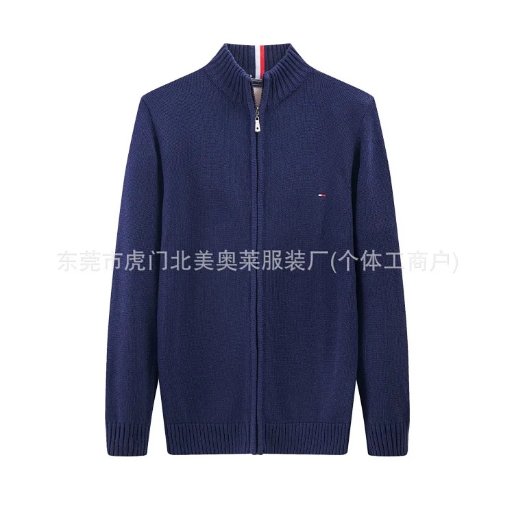 Men's sweater thickened stand collar zipper pullover men's pure cotton embroidered