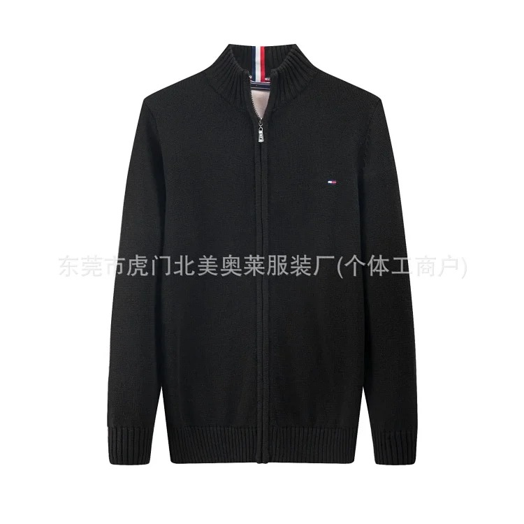 Men's sweater thickened stand collar zipper pullover men's pure cotton embroidered