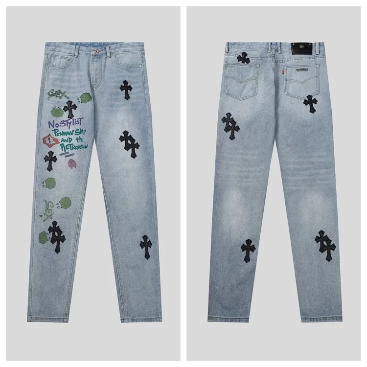 Chrome Hearts high-quality leather cross mens and womens American straight-through loose jeans(pic7) Chrome Hearts high-quality leather cross men's and women's American straight-through loose jeans