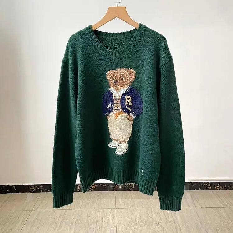 Xiaoma~Autumn and winter new R embroidered baseball uniform cartoon bear sweater loose lazy style versatile sweater