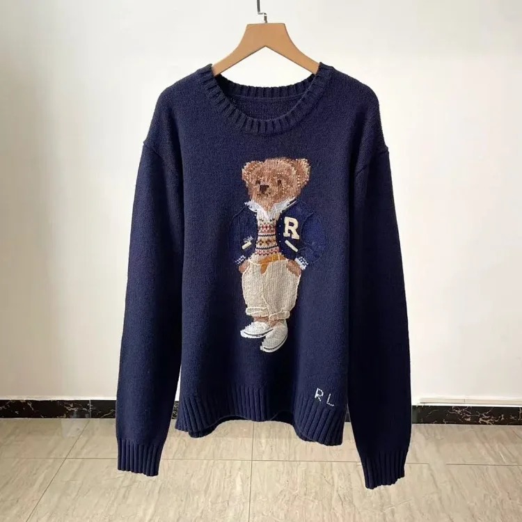 Xiaoma~Autumn and winter new R embroidered baseball uniform cartoon bear sweater loose lazy style versatile sweater