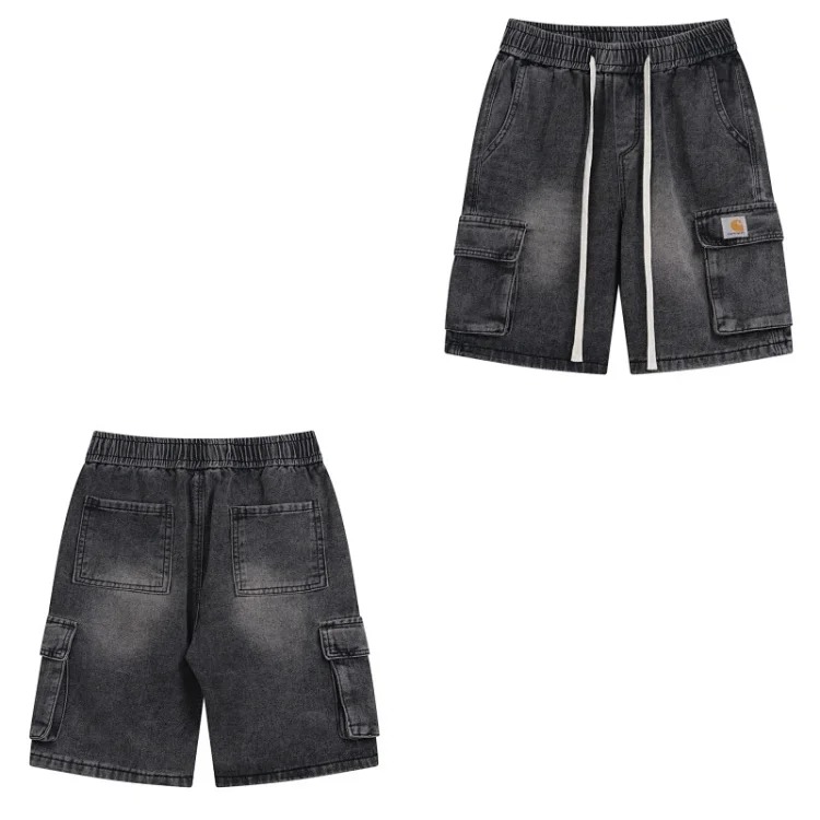 Classic multi-pocket washed cargo denim shorts