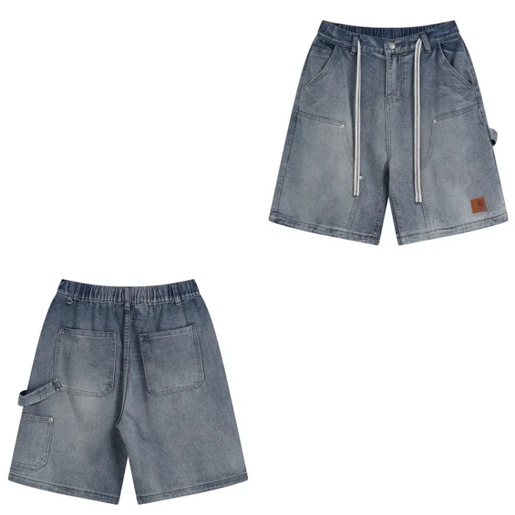 Classic multi-pocket washed cargo denim shorts