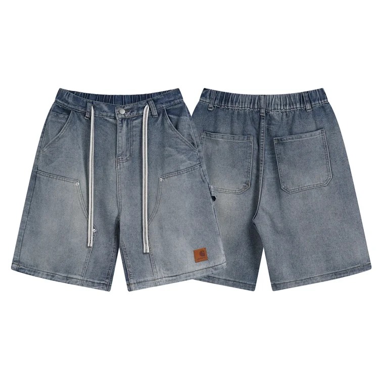 Classic multi-pocket washed cargo denim shorts