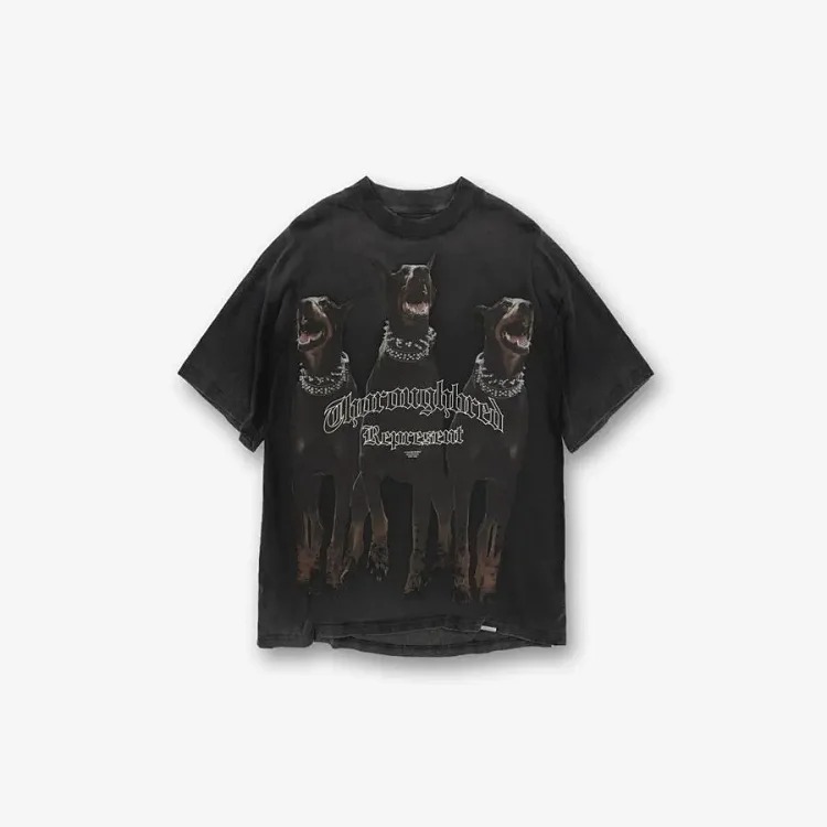 Washed distressed short-sleeved collection Doberman vintage retro heavyweight T-shirt