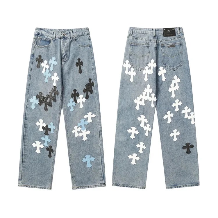 Cross-border direct supply independent CH black and white cross straight patch fabric ripped hole tube distressed pocket jacket washed denim trousers