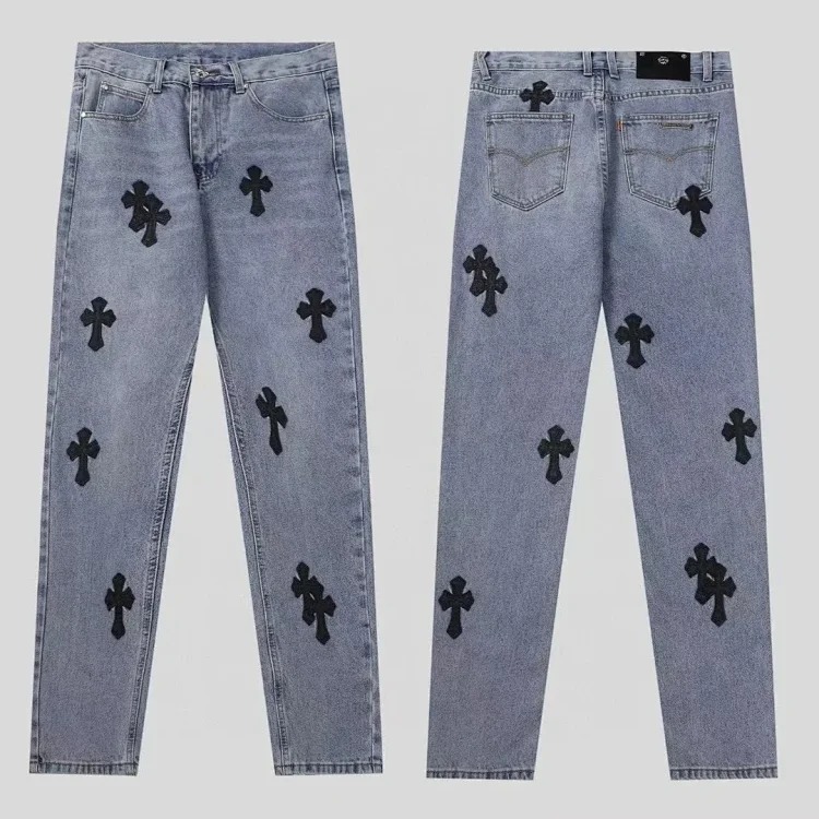 Cross-border direct supply independent CH black and white cross straight patch fabric ripped hole tube distressed pocket jacket washed denim trousers