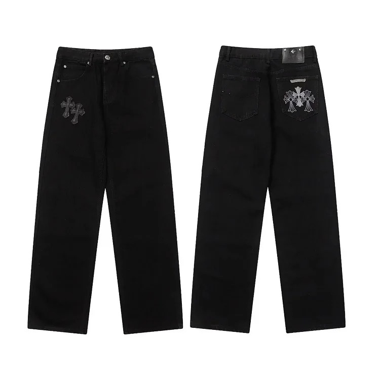 Cross-border direct supply independent CH black and white cross straight patch fabric ripped hole tube distressed pocket jacket washed denim trousers