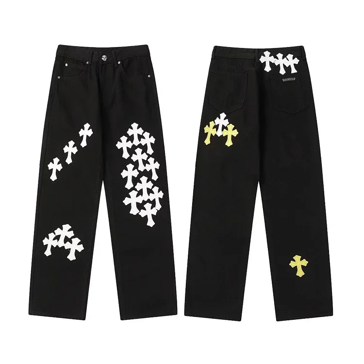 Cross-border direct supply independent CH black and white cross straight patch fabric ripped hole tube distressed pocket jacket washed denim trousers