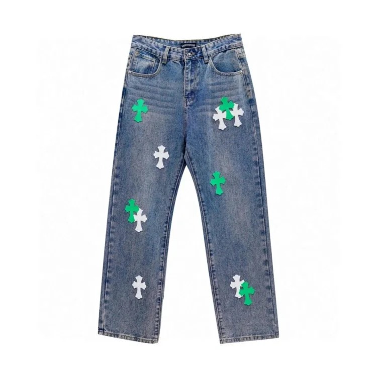 Cross-border direct supply independent CH black and white cross straight patch fabric ripped hole tube distressed pocket jacket washed denim trousers