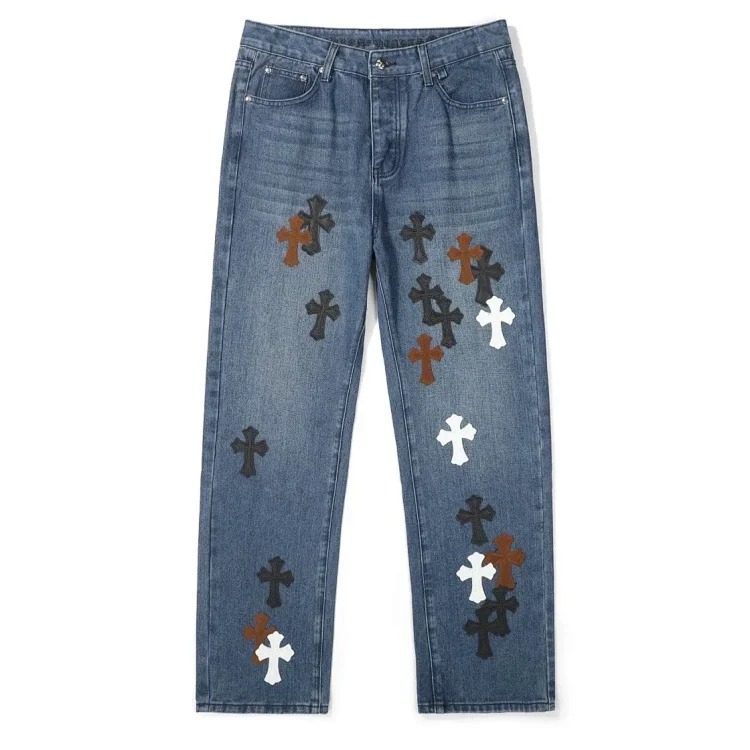 Cross-border direct supply independent CH black and white cross straight patch fabric ripped hole tube distressed pocket jacket washed denim trousers