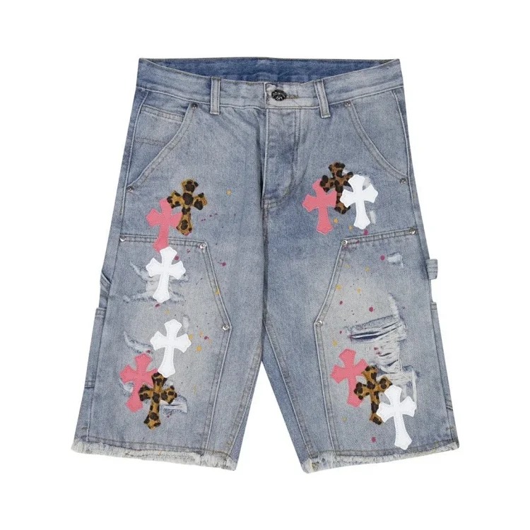 Cross-border direct supply independent CH black and white cross straight patch fabric ripped hole tube distressed pocket jacket washed denim trousers