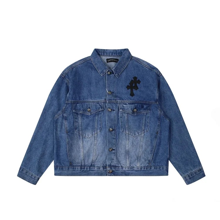 Cross-border direct supply independent CH black and white cross straight patch fabric ripped hole tube distressed pocket jacket washed denim trousers