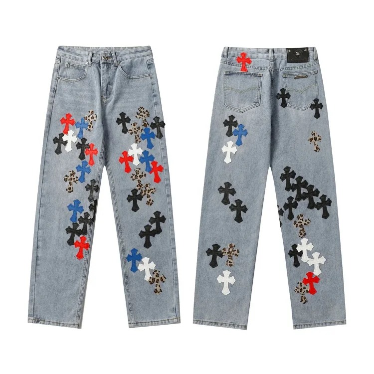 Cross-border direct supply independent CH black and white cross straight patch fabric ripped hole tube distressed pocket jacket washed denim trousers