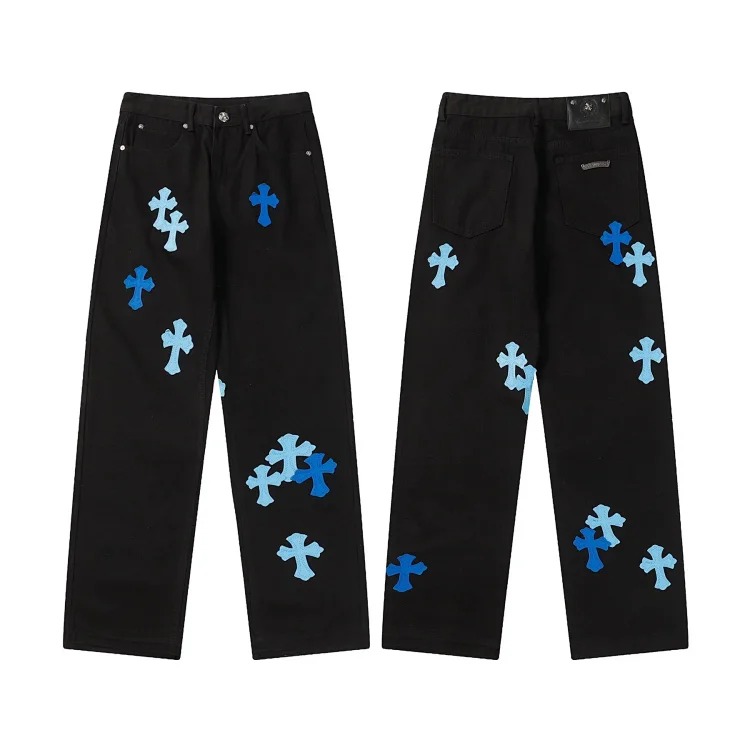 Cross-border direct supply independent CH black and white cross straight patch fabric ripped hole tube distressed pocket jacket washed denim trousers