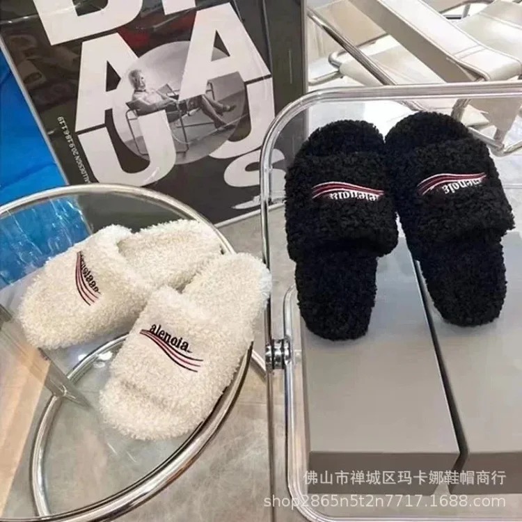 Women's furry slippers 2024 new style letter embroidered thick sole lamb image 6