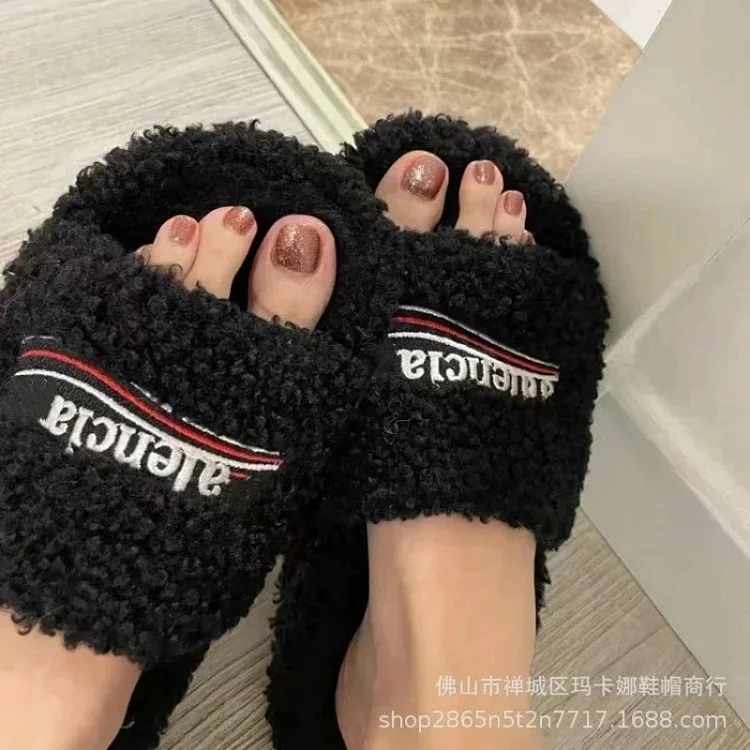 Women's furry slippers 2024 new style letter embroidered thick sole lamb image 8