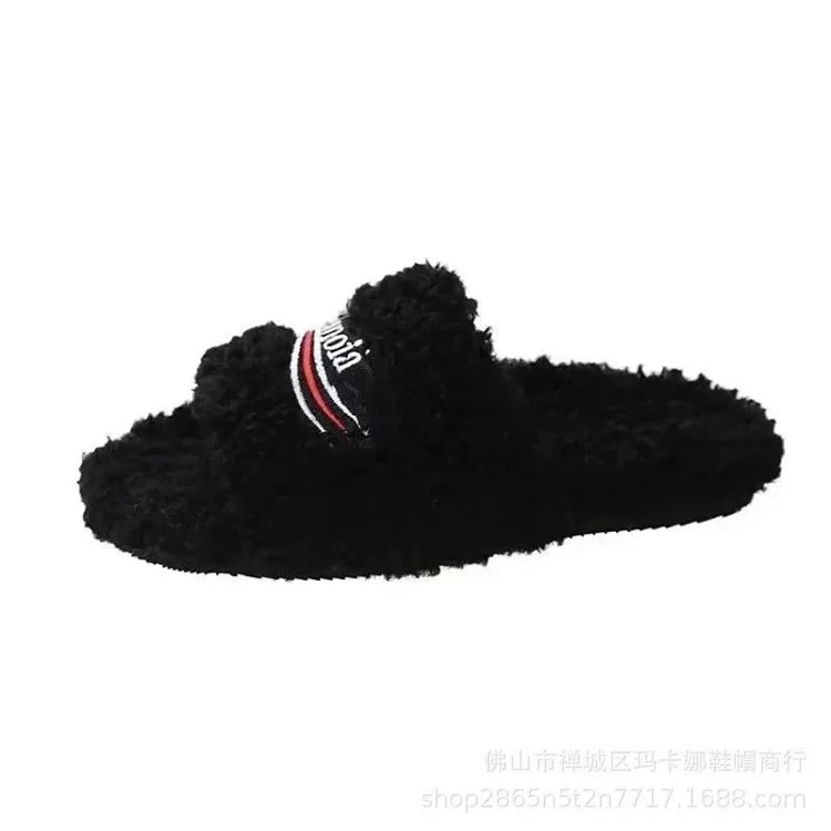 Women's furry slippers 2024 new style letter embroidered thick sole lamb image 9