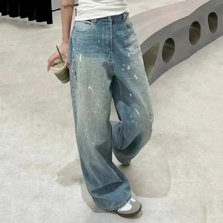 AC hand-painted splash-ink frayed washed distressed wide-leg jeans