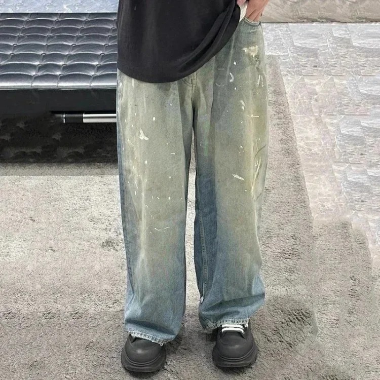 AC hand-painted splash-ink frayed washed distressed wide-leg jeans