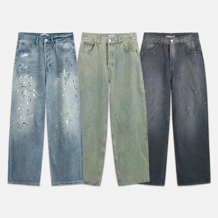 AC hand-painted splash-ink frayed washed distressed wide-leg jeans